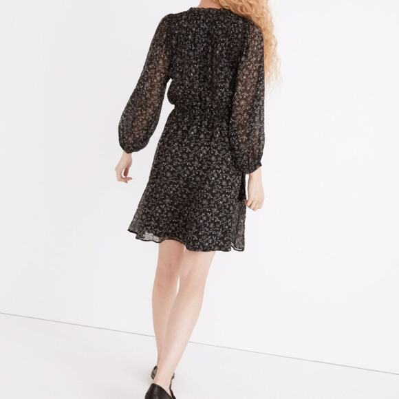 Madewell Ruffle Neck Button Front Mini Dress Dotted Vines Black Floral Medium - Picture 2 of 10